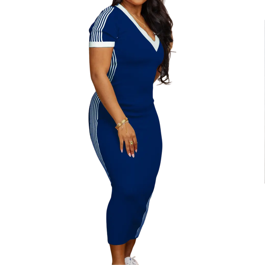TATUM™ – Striped Trim Casual V-Neck Dress