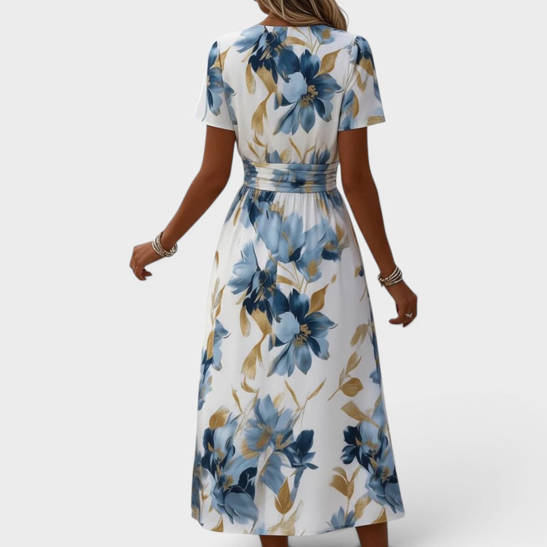 Elara™ | Watercolour Floral Midi Dress with Gold Accents