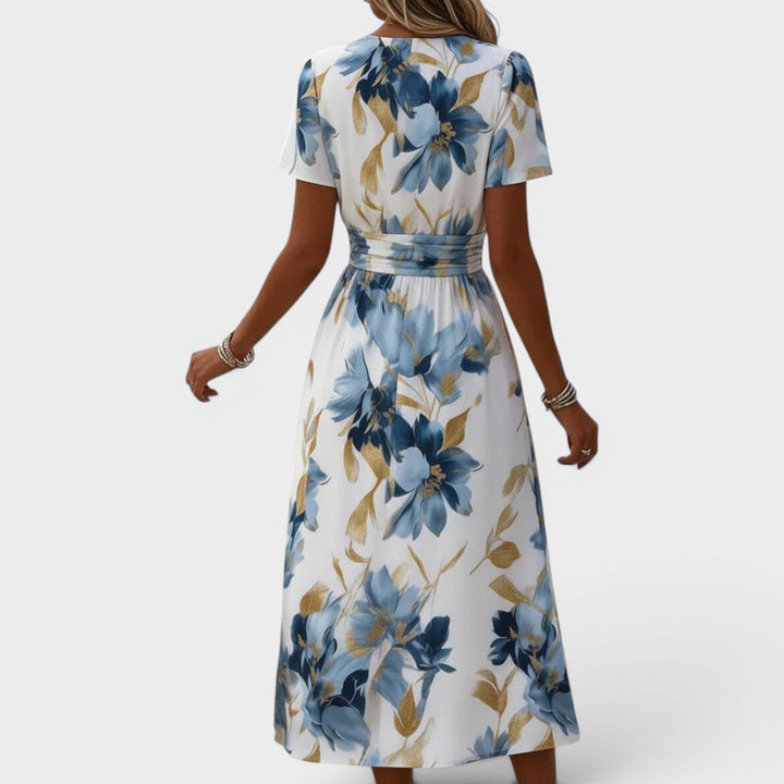 Elara™ | Watercolour Floral Midi Dress with Gold Accents