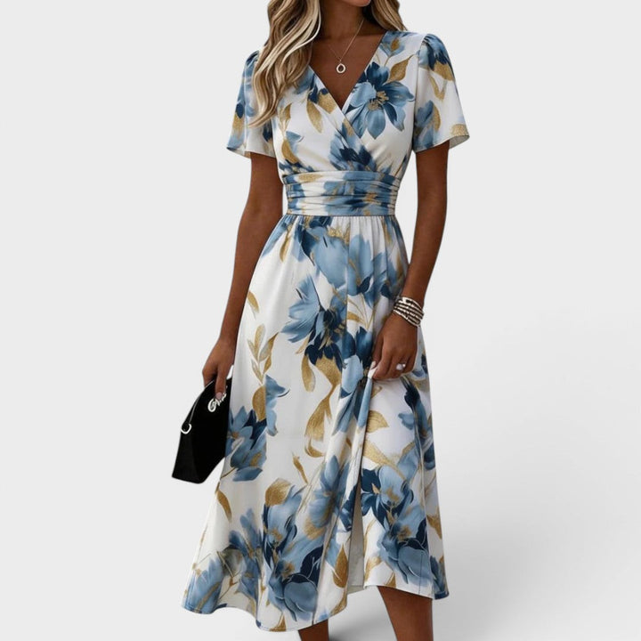 Elara™ | Watercolour Floral Midi Dress with Gold Accents