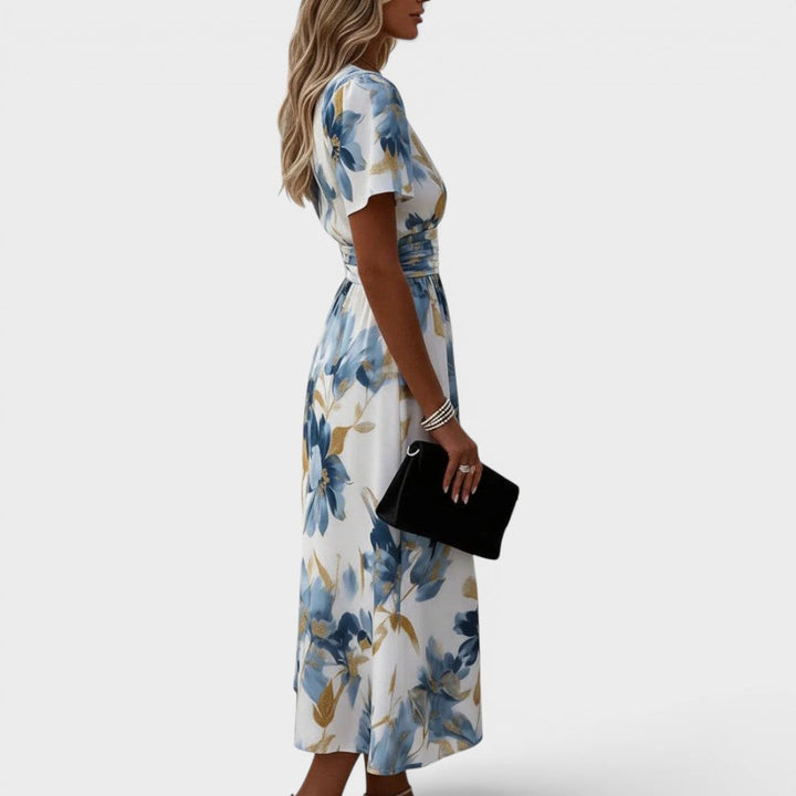 Elara™ | Watercolour Floral Midi Dress with Gold Accents