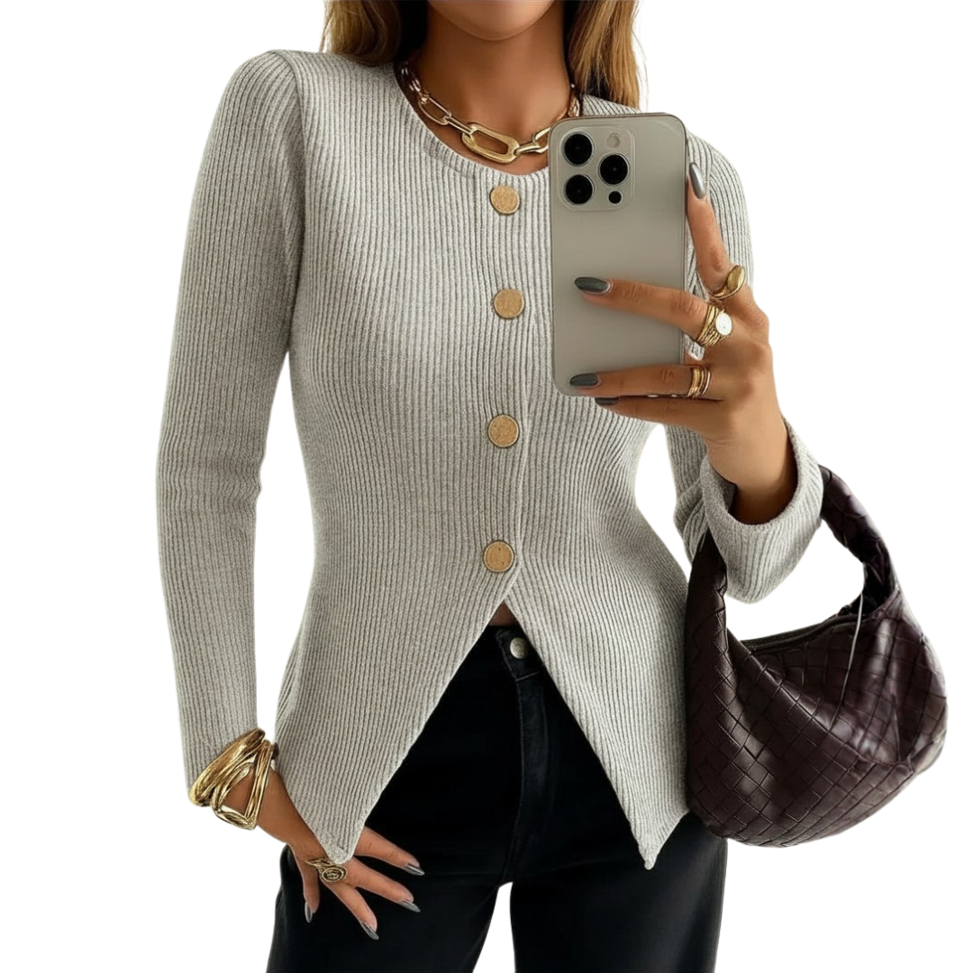 NADIRA™ – Twisted Ribbed Button-Front Knit Top