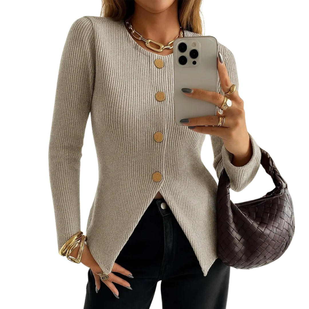NADIRA™ – Twisted Ribbed Button-Front Knit Top