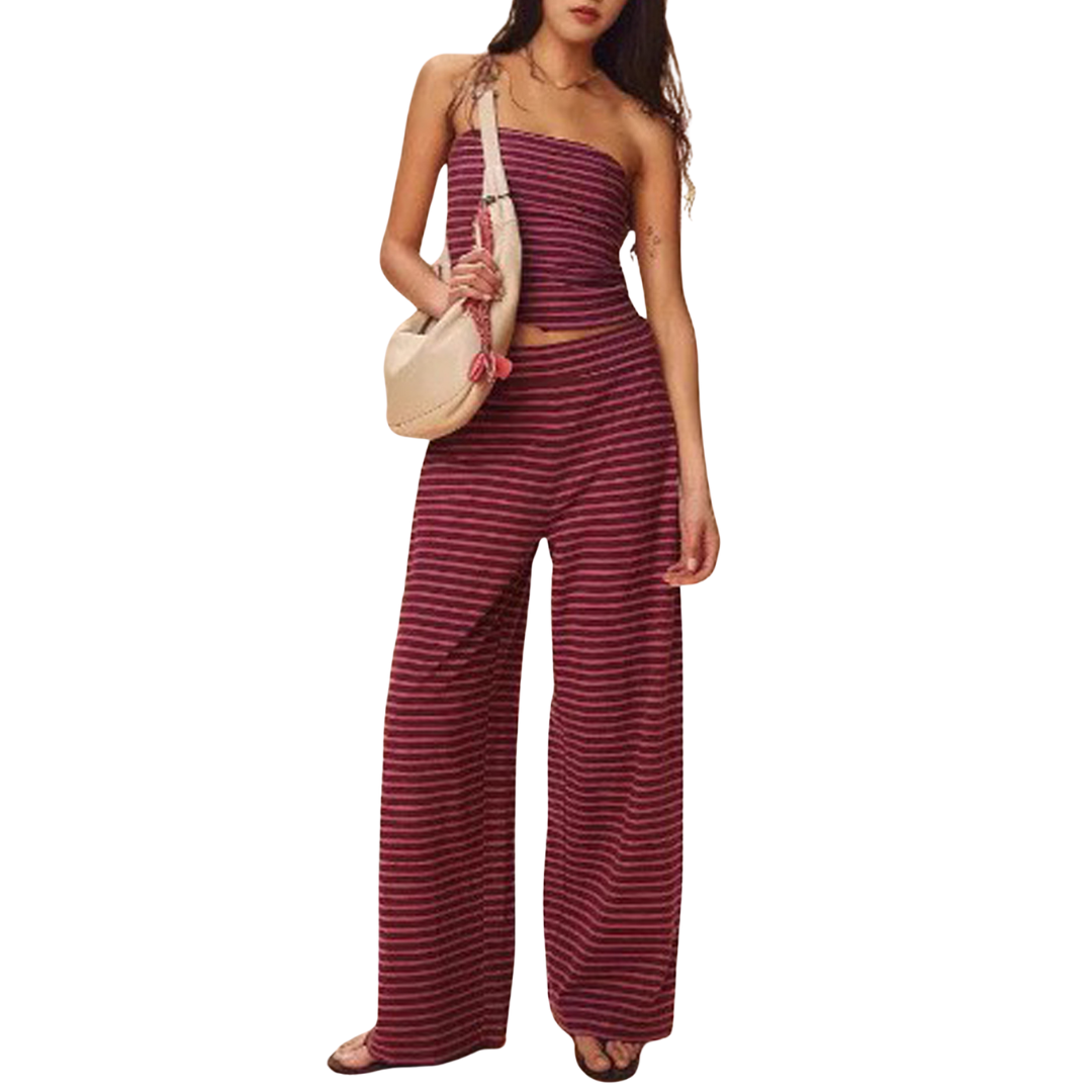 ROXIE™ – Striped Print Crop Tube Top & Wide Leg Pants Set