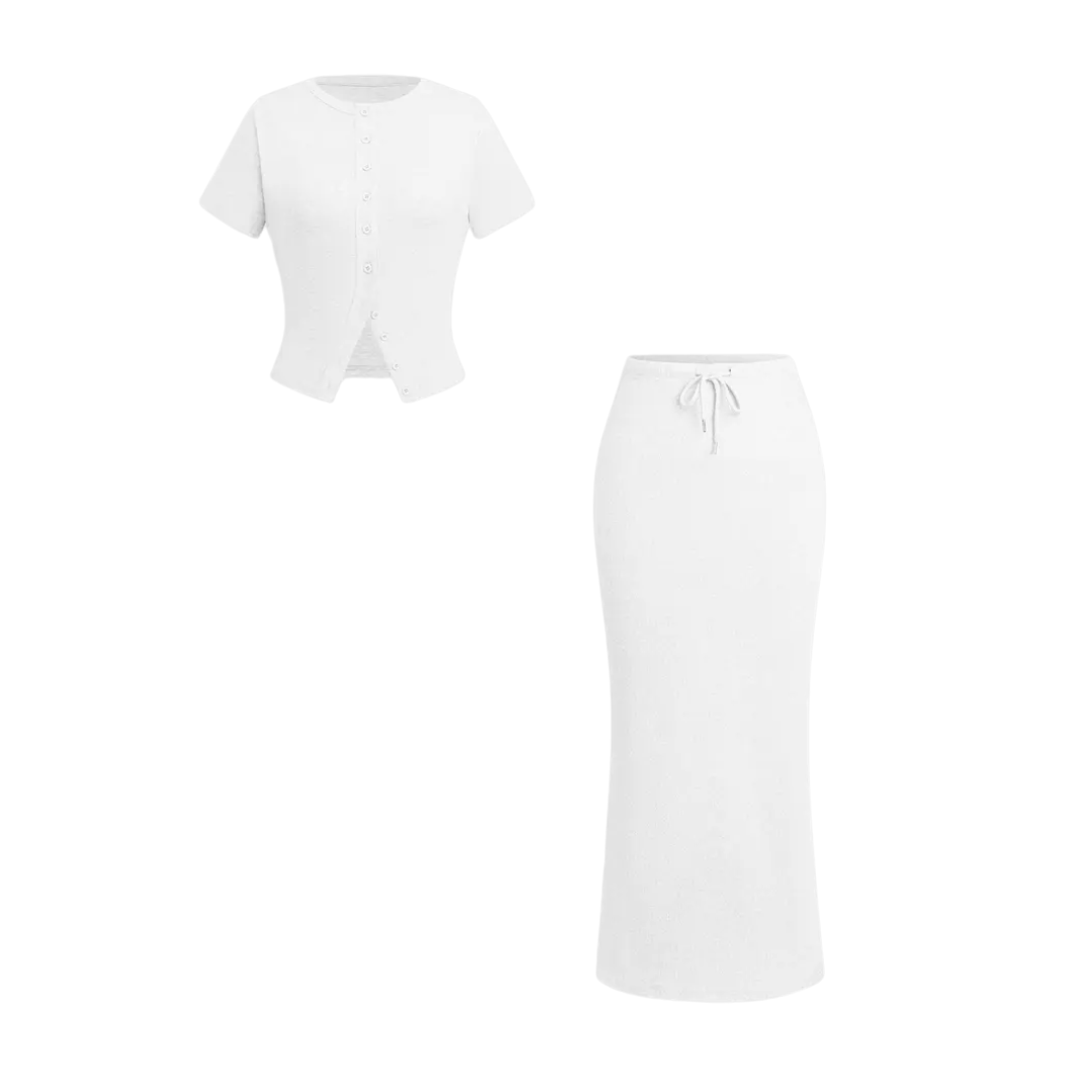 WREN™ – Sleek Button-Front Tee & Split Skirt Two-Piece Set