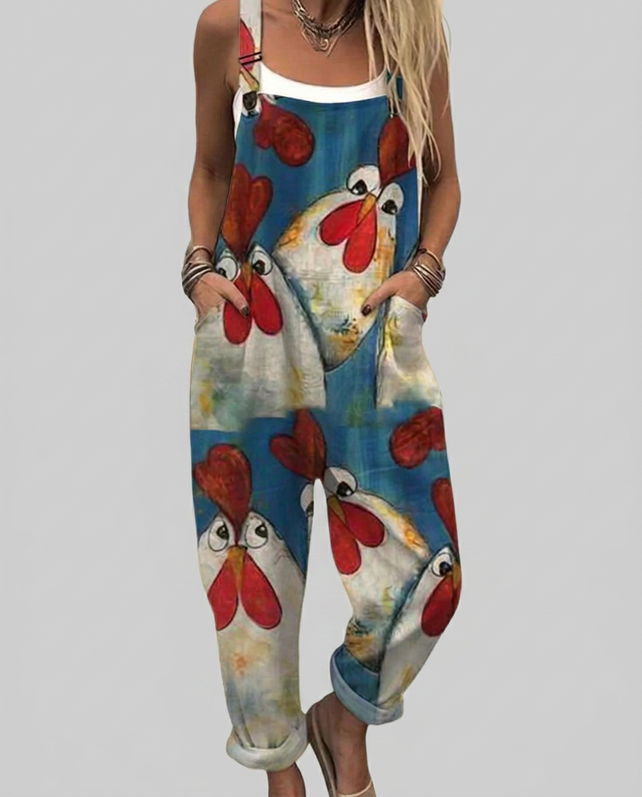 Brigid - Printed romper with funny chickens