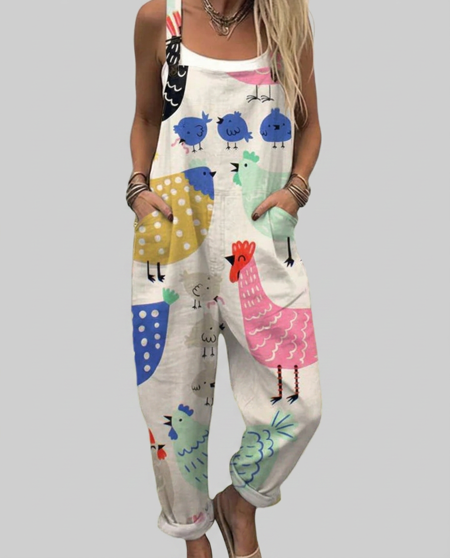 Eilis - Printed dungarees with playful chickens