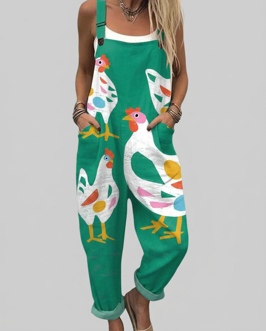 Deirdre - Printed dungarees with colorful chickens