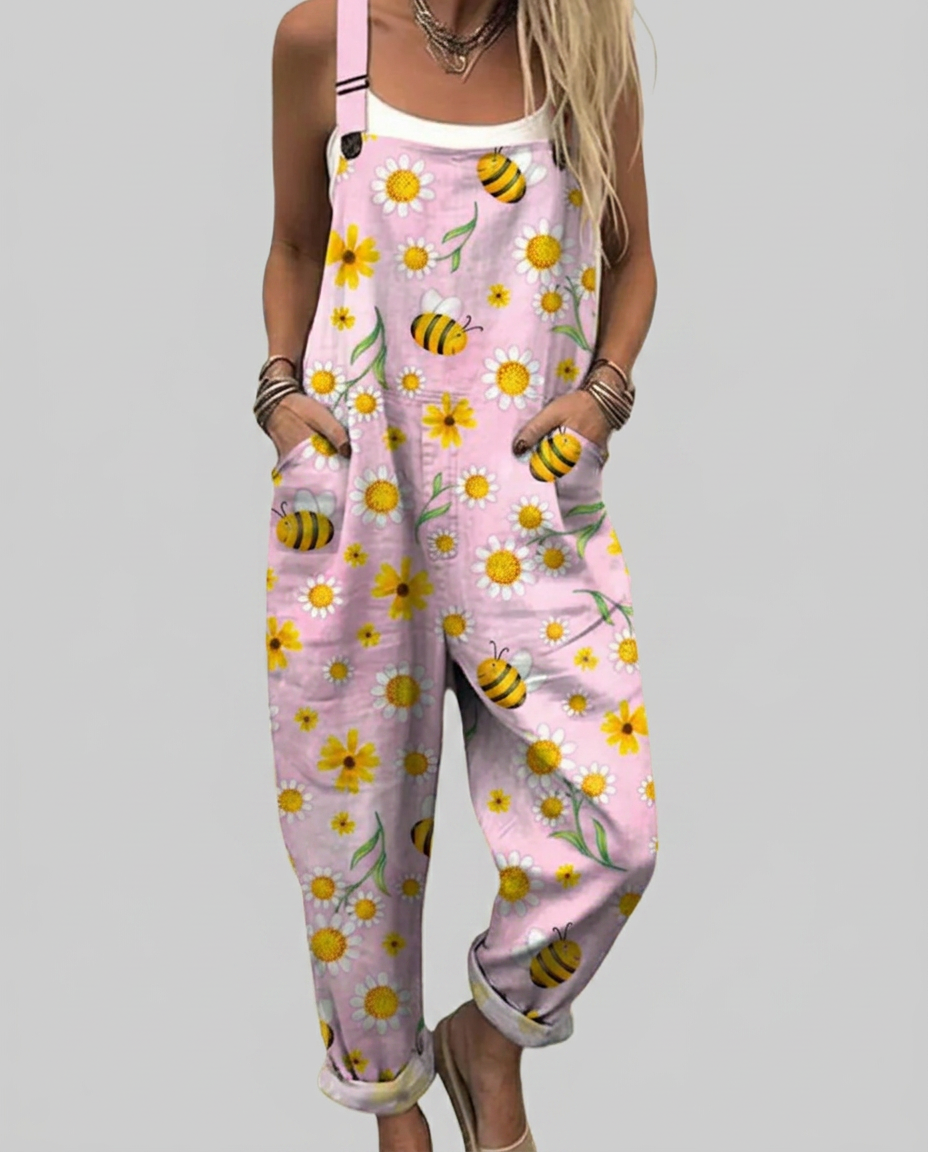 Una - Romantic dungarees with bee floral print