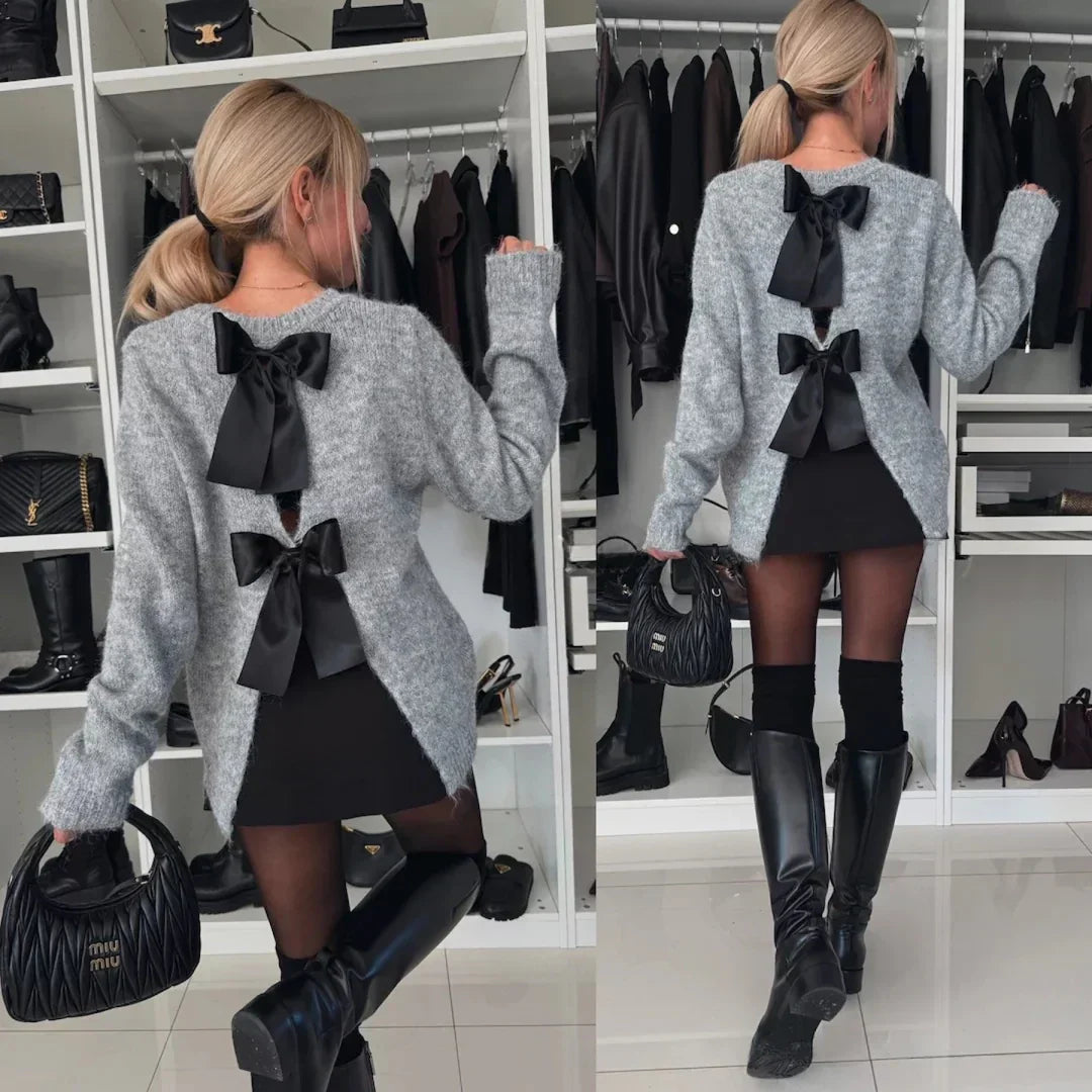 BELLA™ - Bow Back Ribbon Fuzzy Trim Sweater